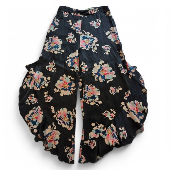 Anthropologie Elevenses Tansy Ruffle Leg Pants Black Floral US Size 6 - Picture 3 of 15
